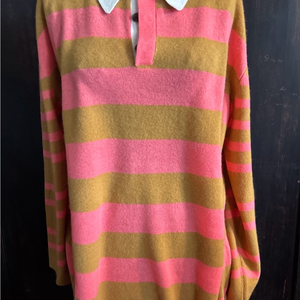 Anthropologie CASHMERE Polo Sweater Maeve tan pink striped XL oversized NWT gift